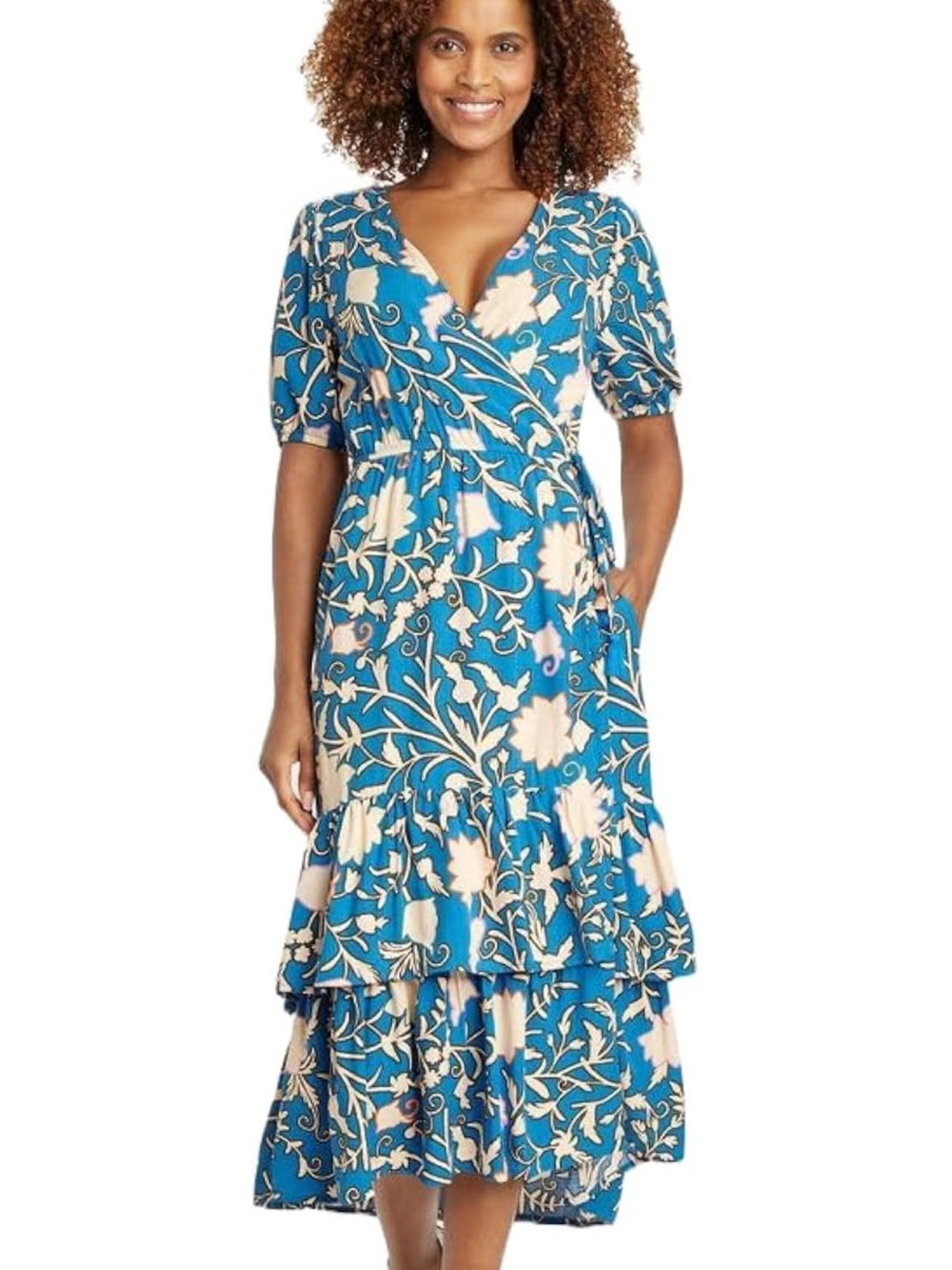 Sz S Knox Rose Teal Floral Wrap Midi Dress with Cream Accents